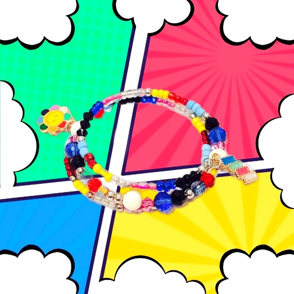 Fun Vibrant Multicolored Whimsical Beaded Wrap Bracelet Rainbow Smiley Face - Picture 6 of 7